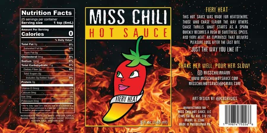 Miss Chili Fiery Heat ghost pepper label artwork
