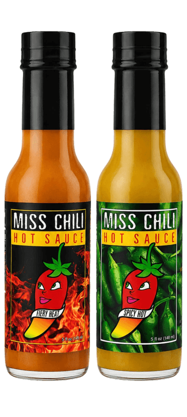 Spicy Hot and Fiery Heat hot sauce bottles sold together as a two-bottle set