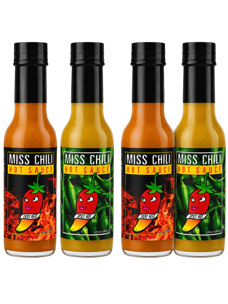 Four Miss Chili hot sauce bottles packaged together as a multi-bottle set